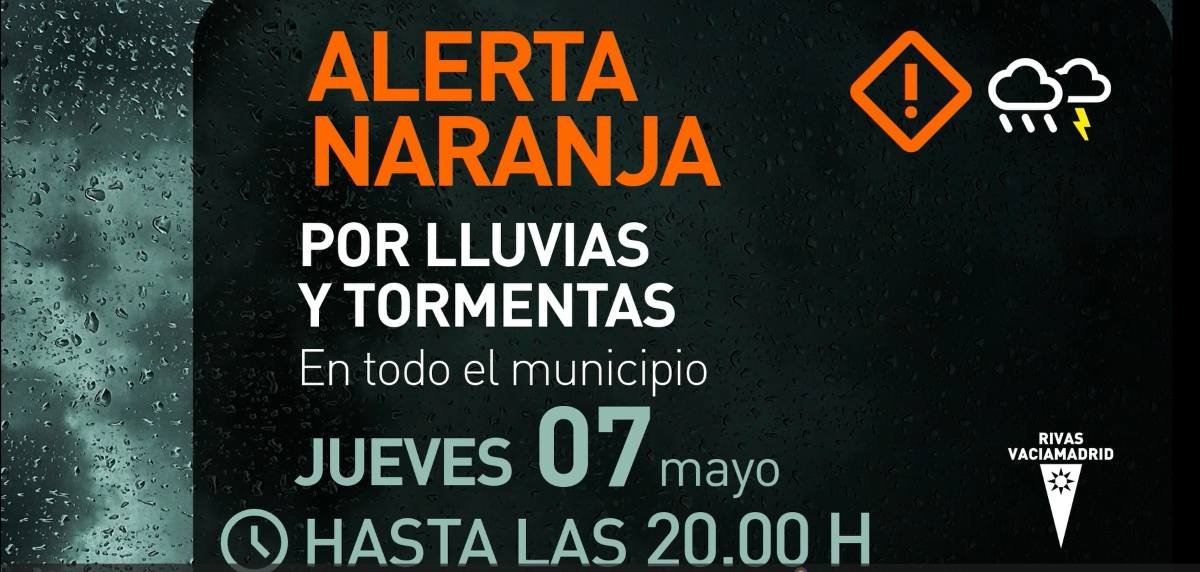 Rivas activa el PLATERIVAS tras elevar la AEMET a naranja la alerta por fuertes lluvias y tormentas